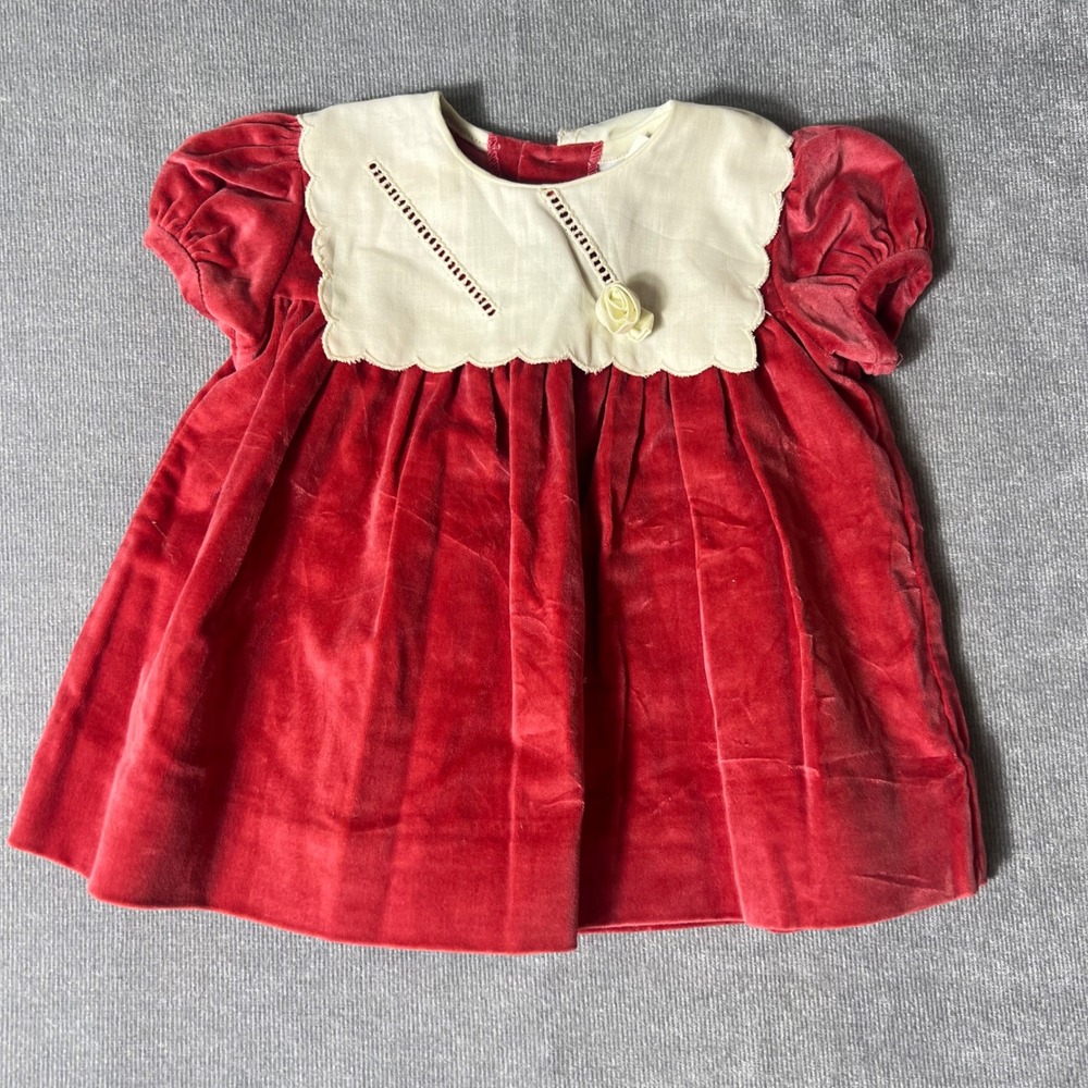 Vintage Christian Dior Enfant Red Velvet Baby Dress 9 Months Scalloped Collar